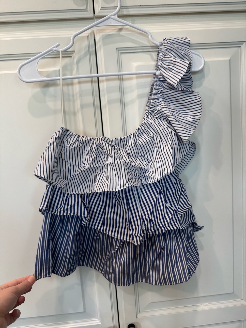 DO+BE One-Shoulder Ruffle Camisole in Blue & White Stripes